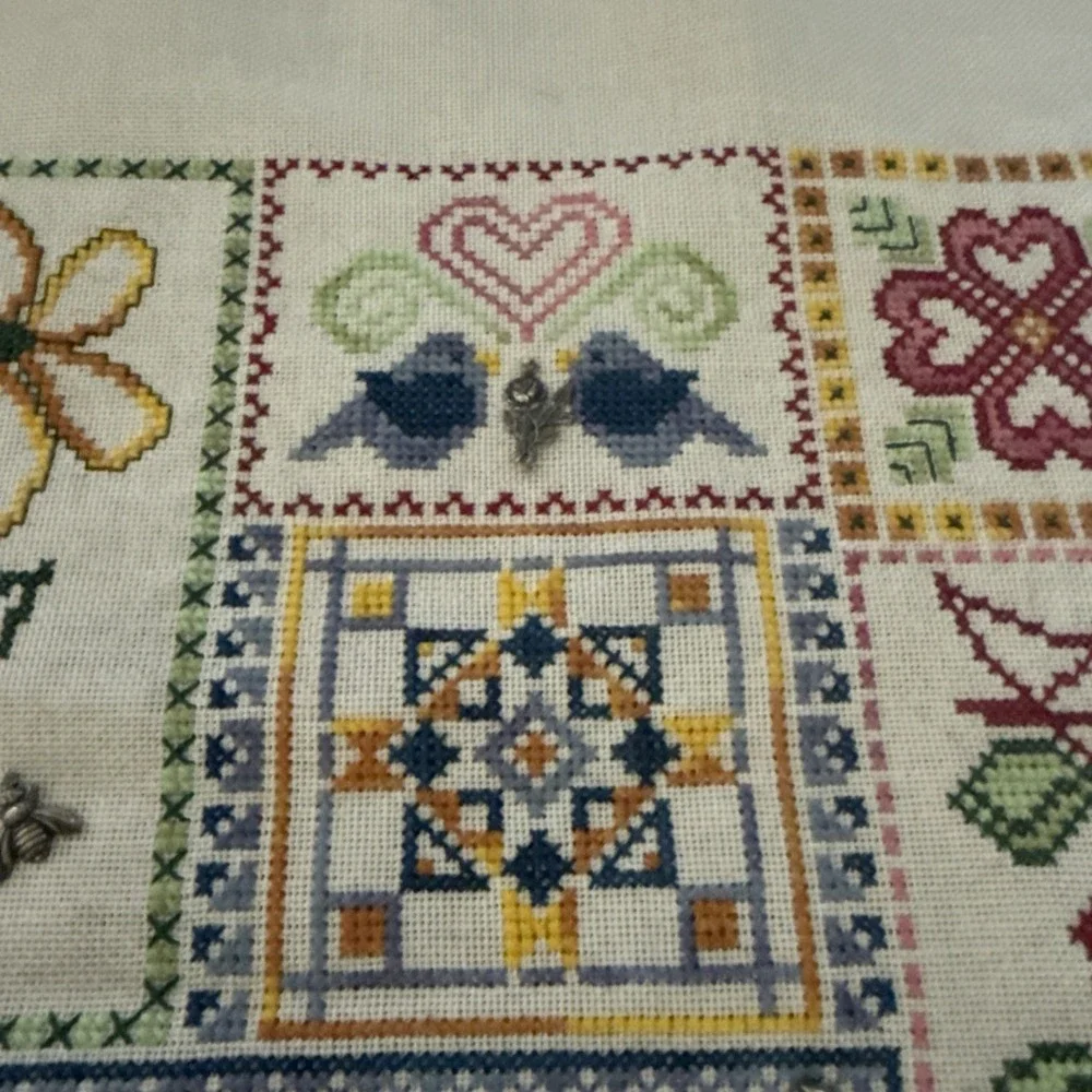 Vtg Completed Cross Stitch Quilt Style 13x9 Granny Core‎ Bird House Floral